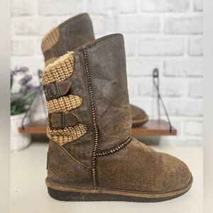 BearPaw Suede Mid Calf Boots Wool Blend Faux Fur Lining Size 8